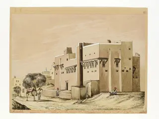 Exterior of the traveller's rest house, formerly the East India Company's Factory, Tatta, by Henry Francis Ainslie, paint, 1851