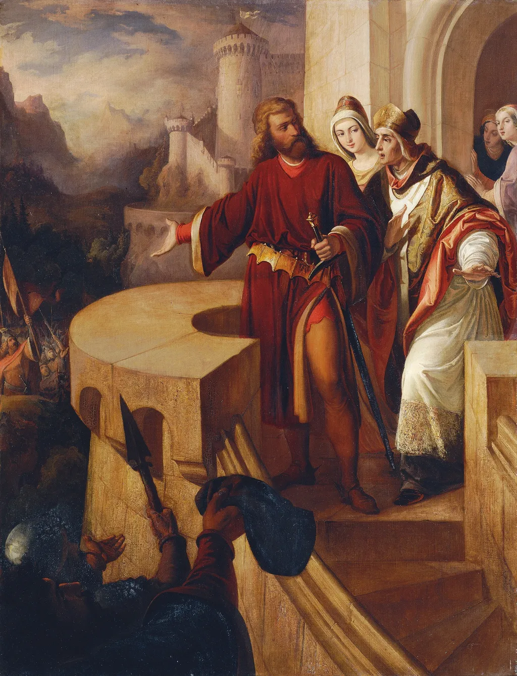 Radbot, Graf von Habsburg zeigt seinem Bruder Bischof Werner seine bewaffneten Getreuen, by Ferdinand Schubert, oil, 1853