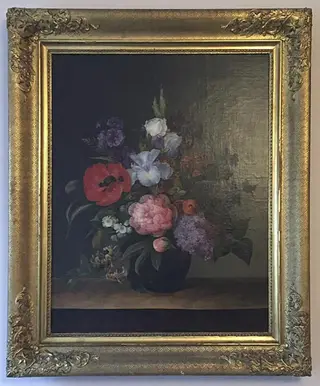 Blomsterbuket med valmue, syren og kaprifolium, by Hermania Neergaard, oil, 1841