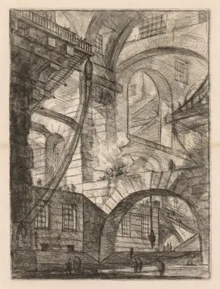 The Prisons:  A Perspective of Arches with a Smoking Fire, by Giovanni Battista Piranesi, 1748