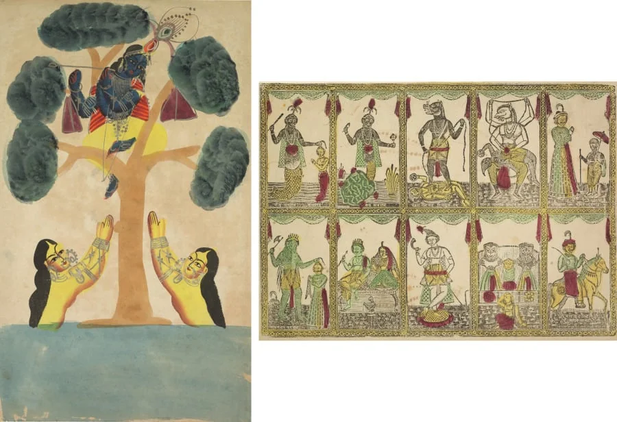 Leaf from a Kalighat album: Krishna Steals the Clothes of the Cowgirls (Gopis) (recto); Das Avataras, Ten Incarnations of Vishnu (verso), detail