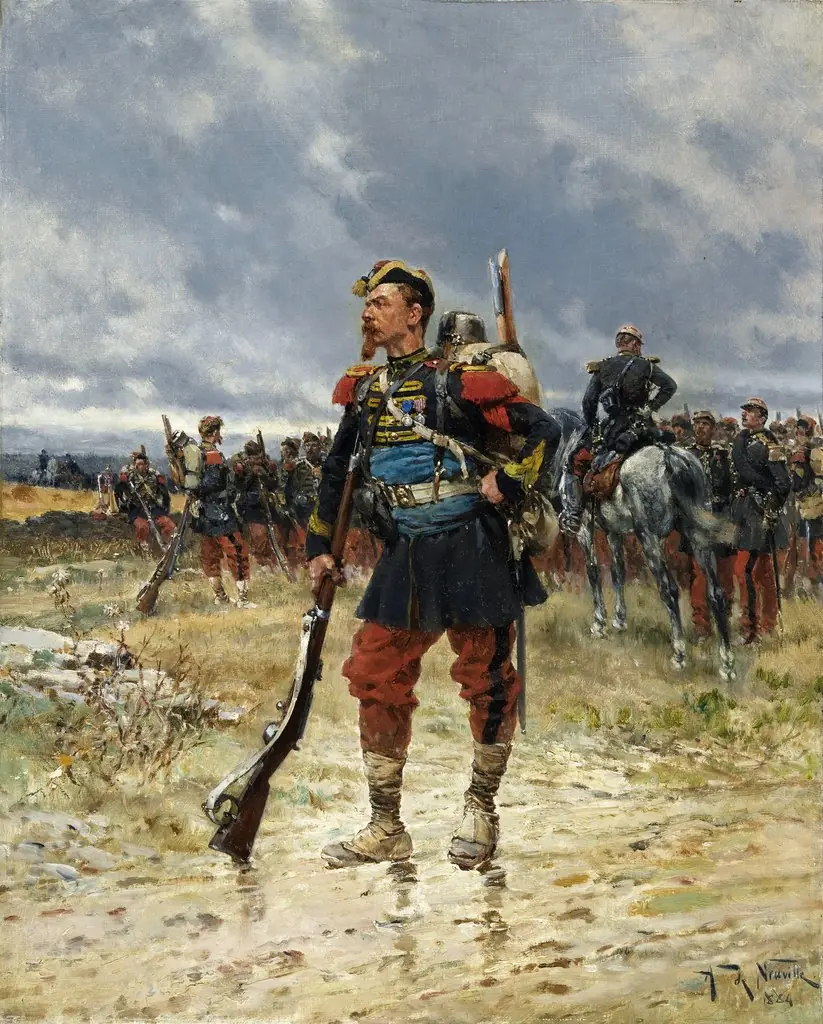 A Soldier with Troops in the Background, by Alphonse de Neuville, oil