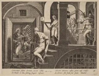 The Jailer about to Kill Himself, Converted by Saint Paul, by Philip Galle, ink, 1574