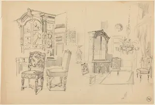 Two Studies of an Interior with Furniture, by Félix-Hilaire Buhot, graphite, 1872