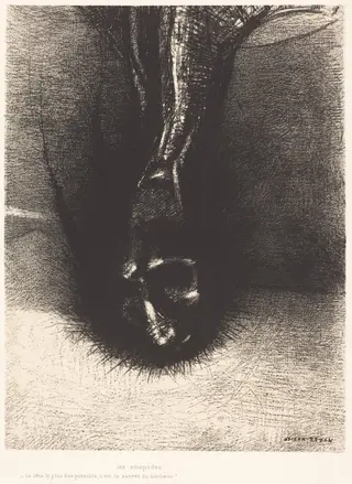 Les Sciapodes: La tete le plus bas possible, c'est le secret du bonheur! (The Skiapods: "The head as low as possible, that is the secret of happiness!"), by Odilon Redon, ink, 1889