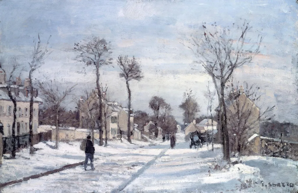 The Road to Versailles, Louveciennes, Snow, by Camille Pissarro, oil, 1870