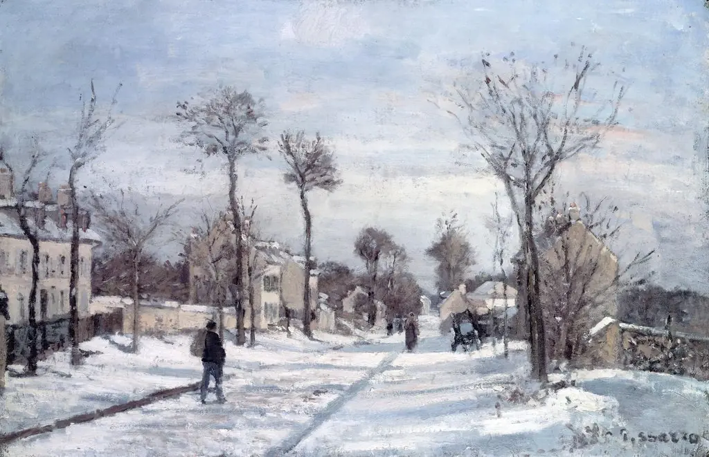 The Road to Versailles, Louveciennes, Snow, by Camille Pissarro, oil, 1870