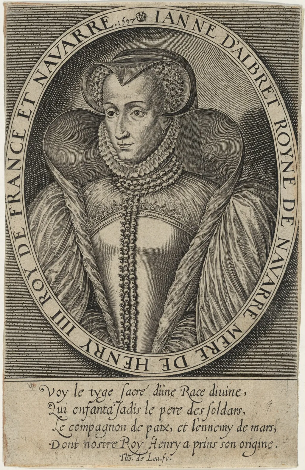 Jeanne D'Albret, Queen of Navarre, Mother of Henry IV of France, by Thomas de Leu, ink