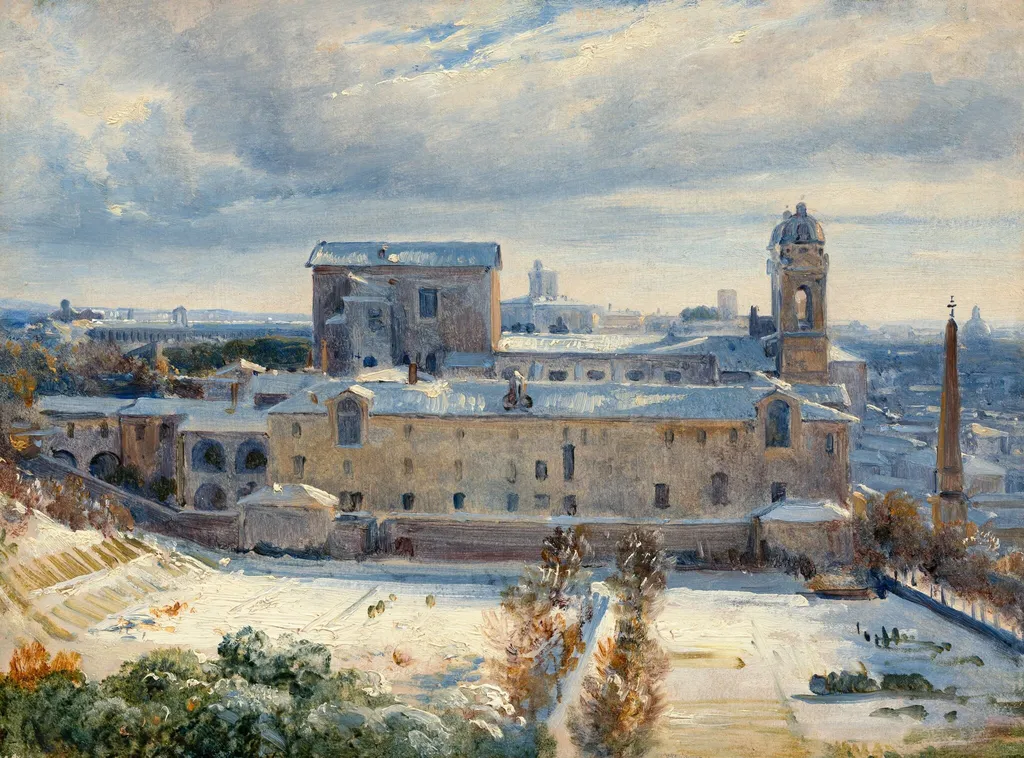 Santa Trinità dei Monti in the Snow, by André Giroux, oil, 1828