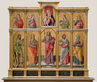 Polyptych with Saint James Major, Madonna and Child, and Saints, by Bartolomeo Vivarini, tempera, 1496