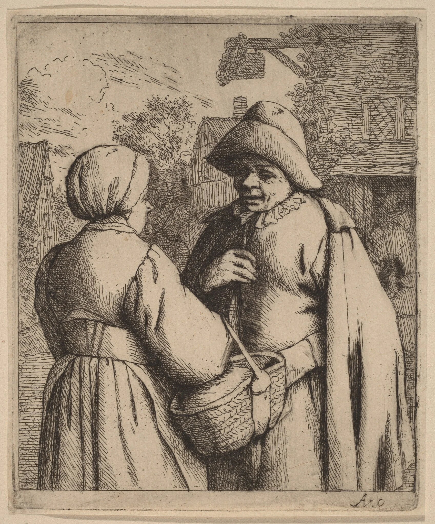 Man and Woman Conversing in Front of an Inn, detail