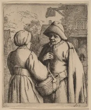 Man and Woman Conversing in Front of an Inn, by Adriaen van Ostade, ink, 1671