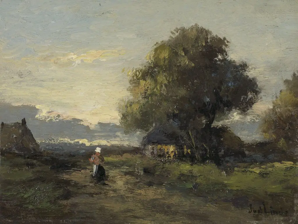 Landscape with Farmhouses, by Jan van der Linde, oil, 1909