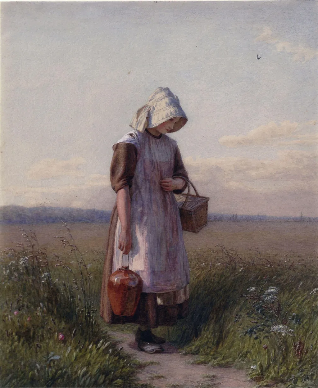 Girl carrying a pitcher, by Walter Field, watercolor, 1866
