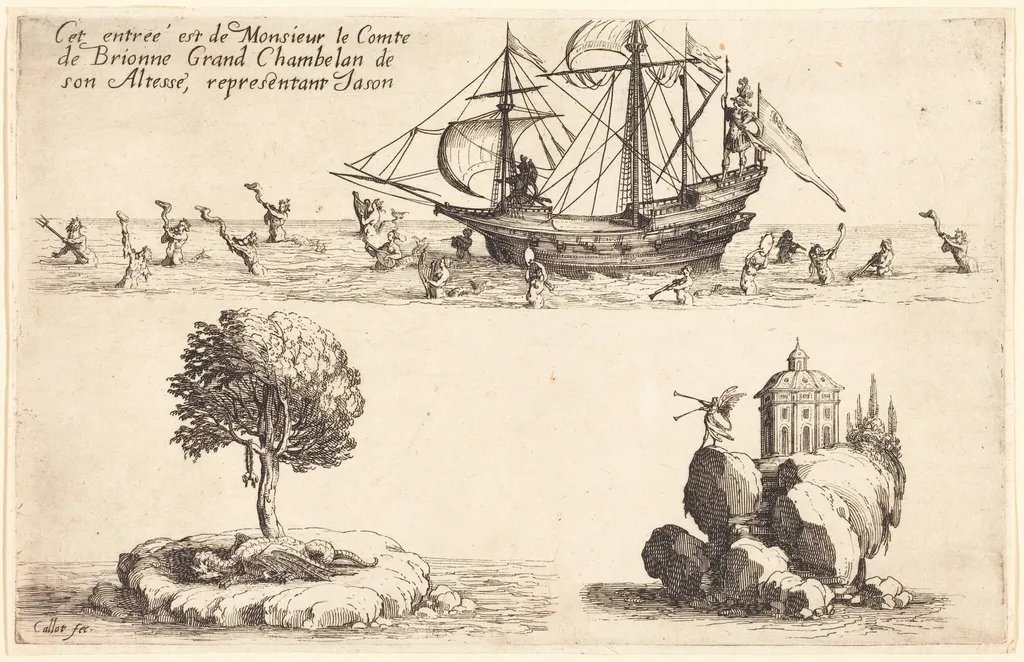Entry of M. le Comte de Brionne, Grand Chamberlain of His Highness,Representing Jason, by Jacques Callot, ink, 1627