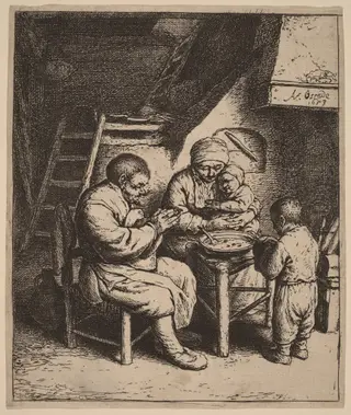 Peasant Family Praying Before a Meal, by Adriaen van Ostade, ink, 1653
