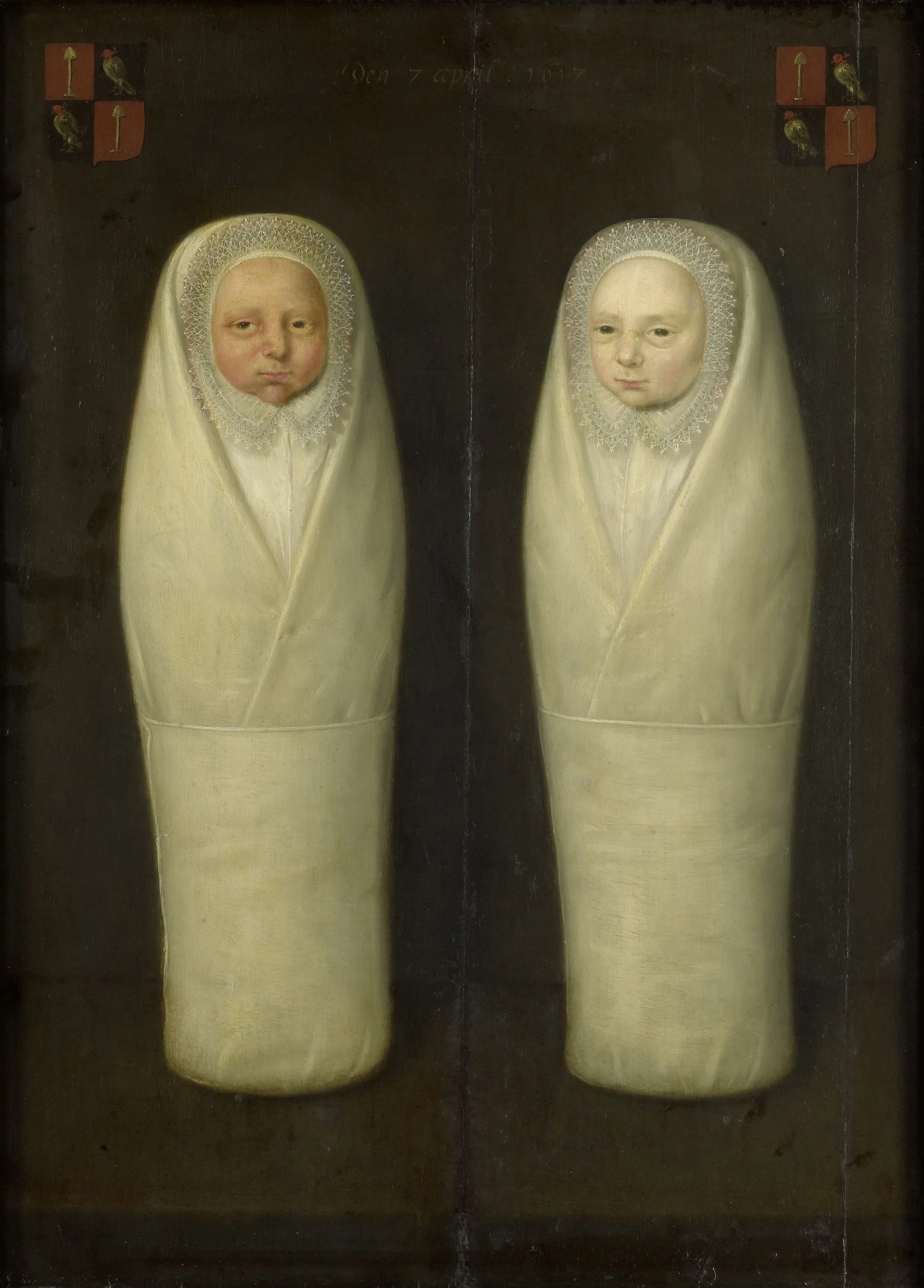 Twins in swaddling clothes: the children of Jacob de Graeff and Aeltge Boelens, who died in infancy, detail