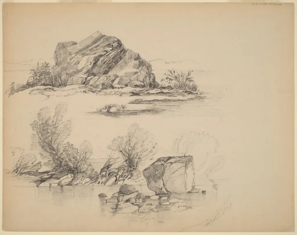 Rocks Along a Lakeshore [recto], by John William Casilear, graphite, 1852