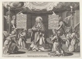 Magnificat: The Virgin Surrounded by Music-Making Angels, by Jan Sadeler I, ink, 1585