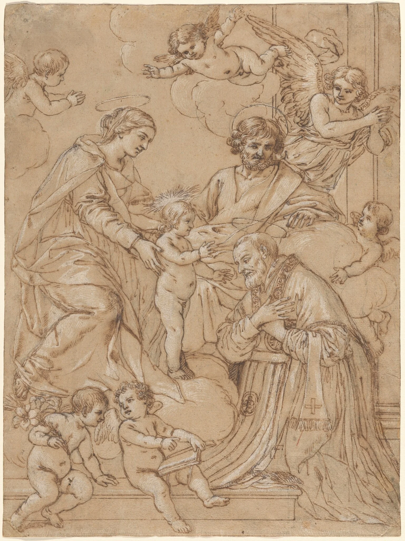 The Holy Family with Saint Philip Neri in Adoration, an Angel, and Putti, detail