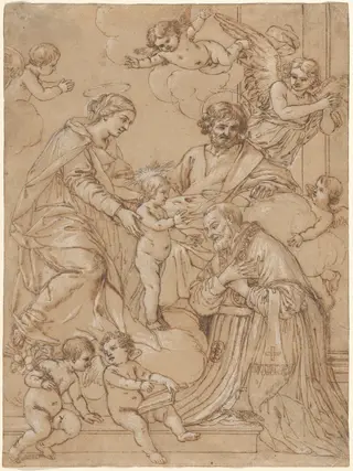 The Holy Family with Saint Philip Neri in Adoration, an Angel, and Putti, by Giacinto Gimignani, chalk, 1649