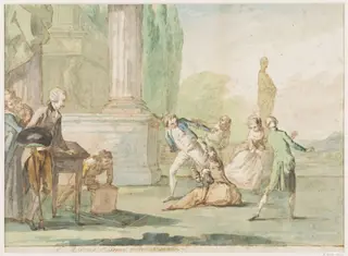 Group of youths and girls playing an unidentified game, by Giuseppe Piattoli, watercolor, 1784