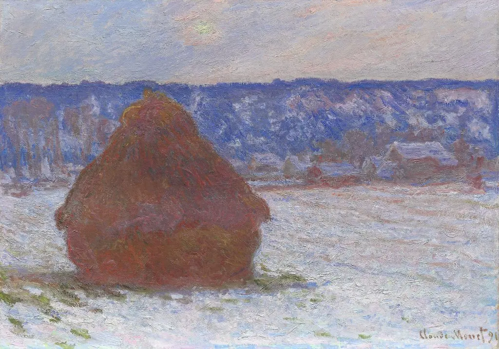 Stack of Wheat (Snow Effect, Overcast Day), by Claude Monet, oil, 1896