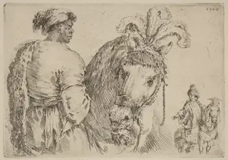 A Black Man Feeding a Horse, by Stefano Della Bella, ink, 1662