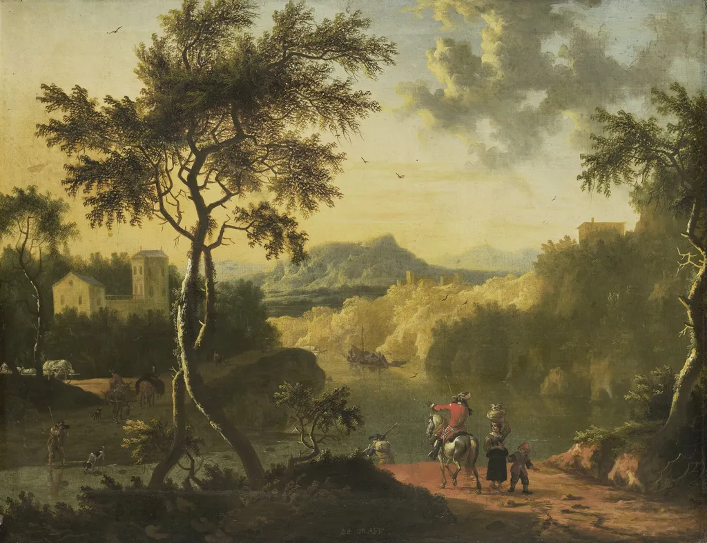 Italian Landscape, by Timotheus de Graef, oil, 1700