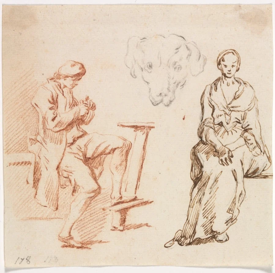 Sheet of Studies: Seated Man, Head of a Dog, Seated Woman, detail