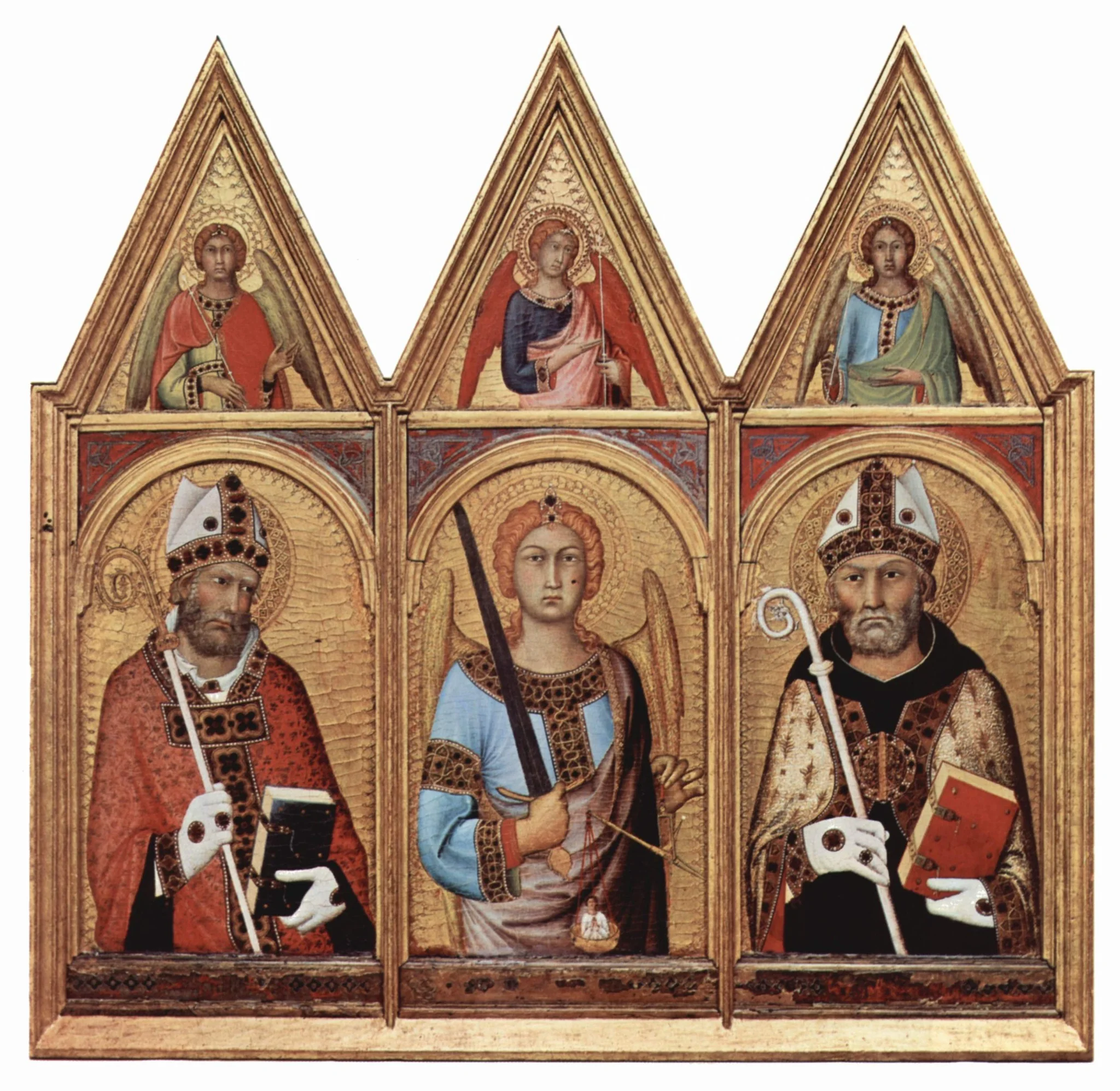 Cambridge altar retable. Scene: three saints with angels, from left: S. Geminianus, S. Michael, S. Augustinus, detail