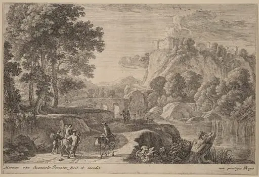 Travelers on Road to Left of a Stream, by Herman van Swanevelt, ink, 1628