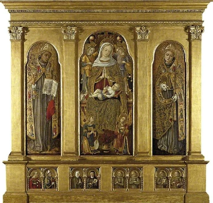 Virgin and Child Enthroned: Saint Bonaventura (left); Saint Louis of Toulouse (right) Saint Agatha and Saint Augustine, an Unidentified Female Franciscan Saint and Saint Clare of Assisi, Four Male Fra, detail