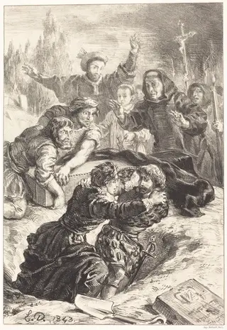 Hamlet and Laertes in the Grave of Ophelia (Act V, Scene I), by Eugène Delacroix, ink, 1843