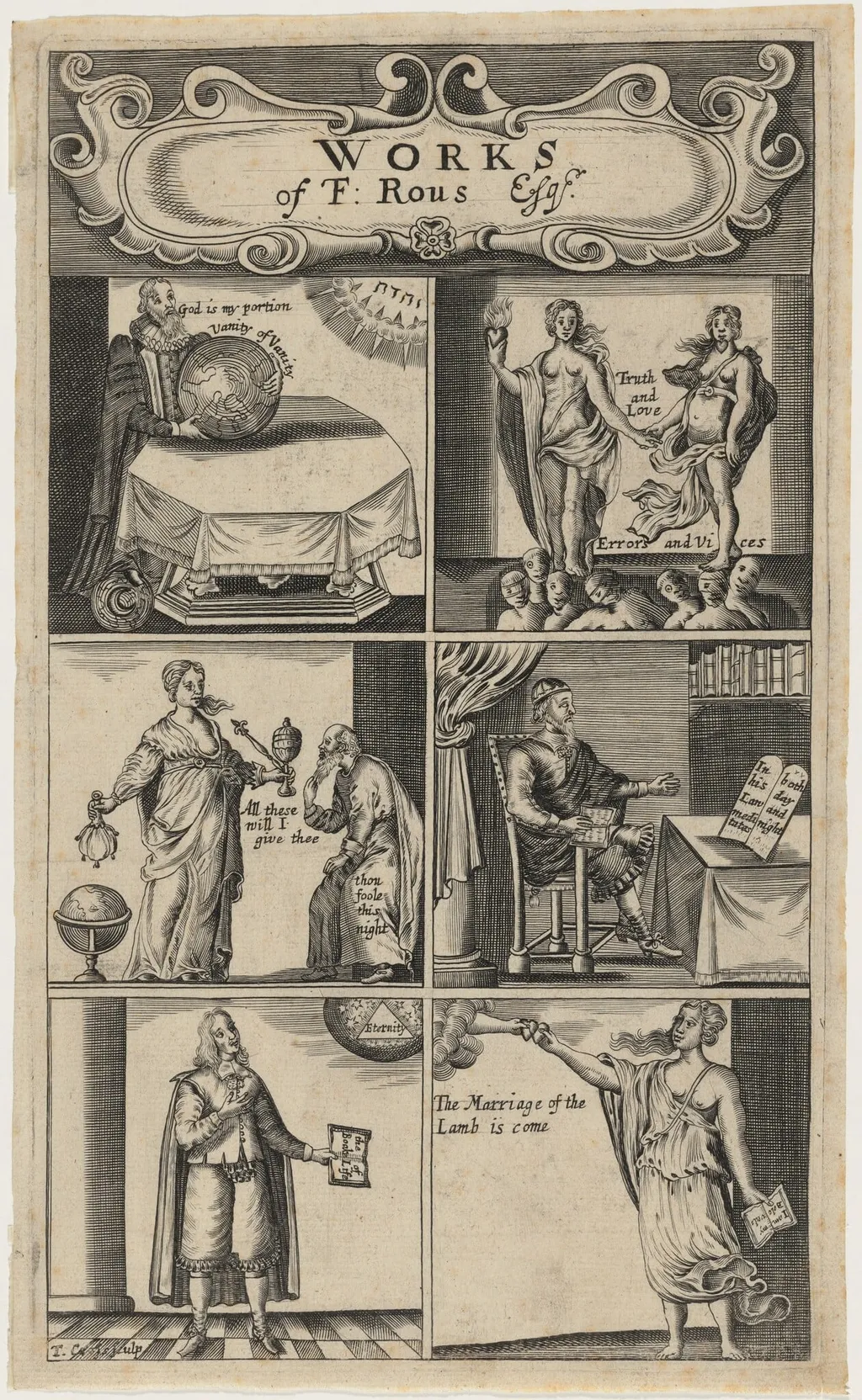 Title Page to F. Rous' Works, by Thomas Cross, ink, 1657
