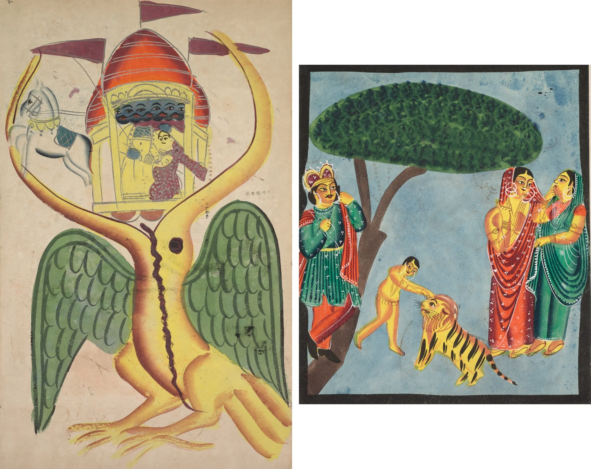 Leaf from a Kalighat album: Jatayu hinders Ravana’s chariot, trying to prevent the abduction of Sita (recto); Dushyanta watching his son Bharat playing with the tiger at the end of the Abhijnanashakuntalam (verso), detail
