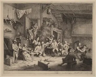 Peasants Feasting at an Inn, by Adriaen van Ostade, ink, 1652