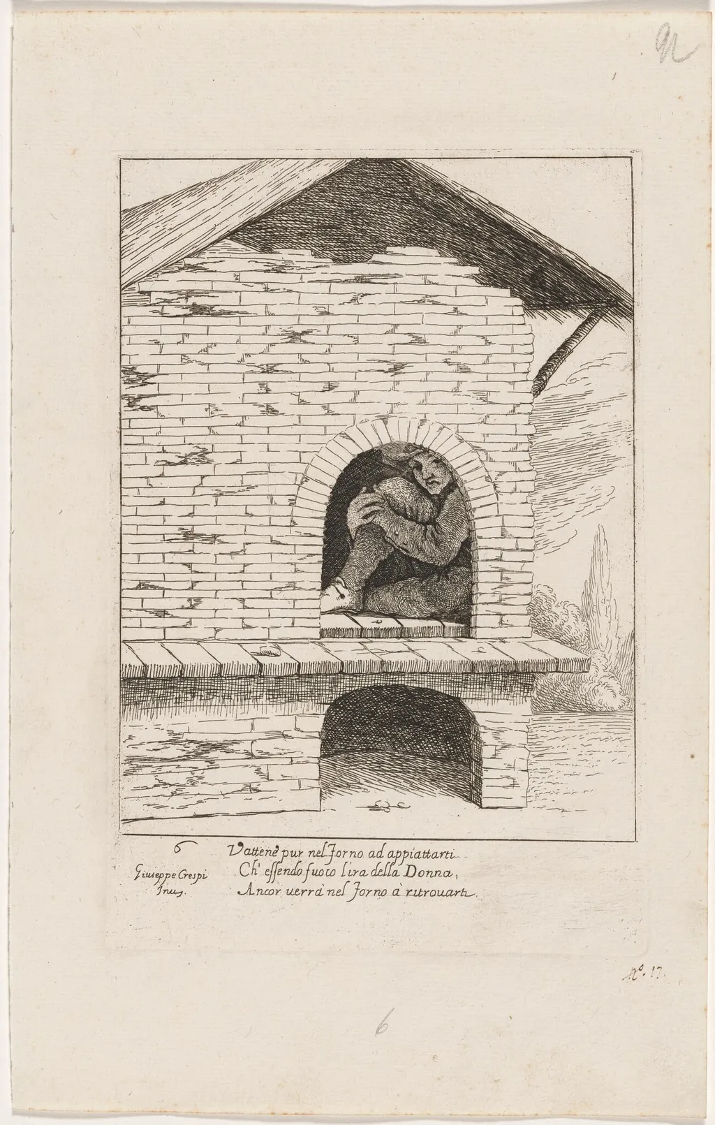 Bertoldo Hiding in a Furnace, by Giuseppe Maria Crespi, ink, 1712