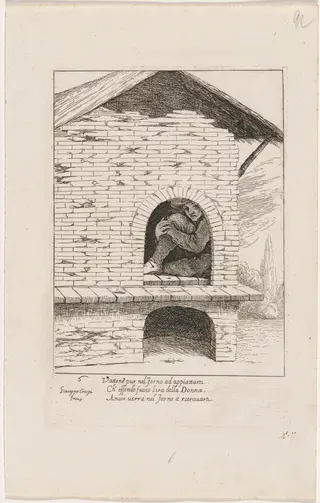 Bertoldo Hiding in a Furnace, by Giuseppe Maria Crespi, ink, 1712