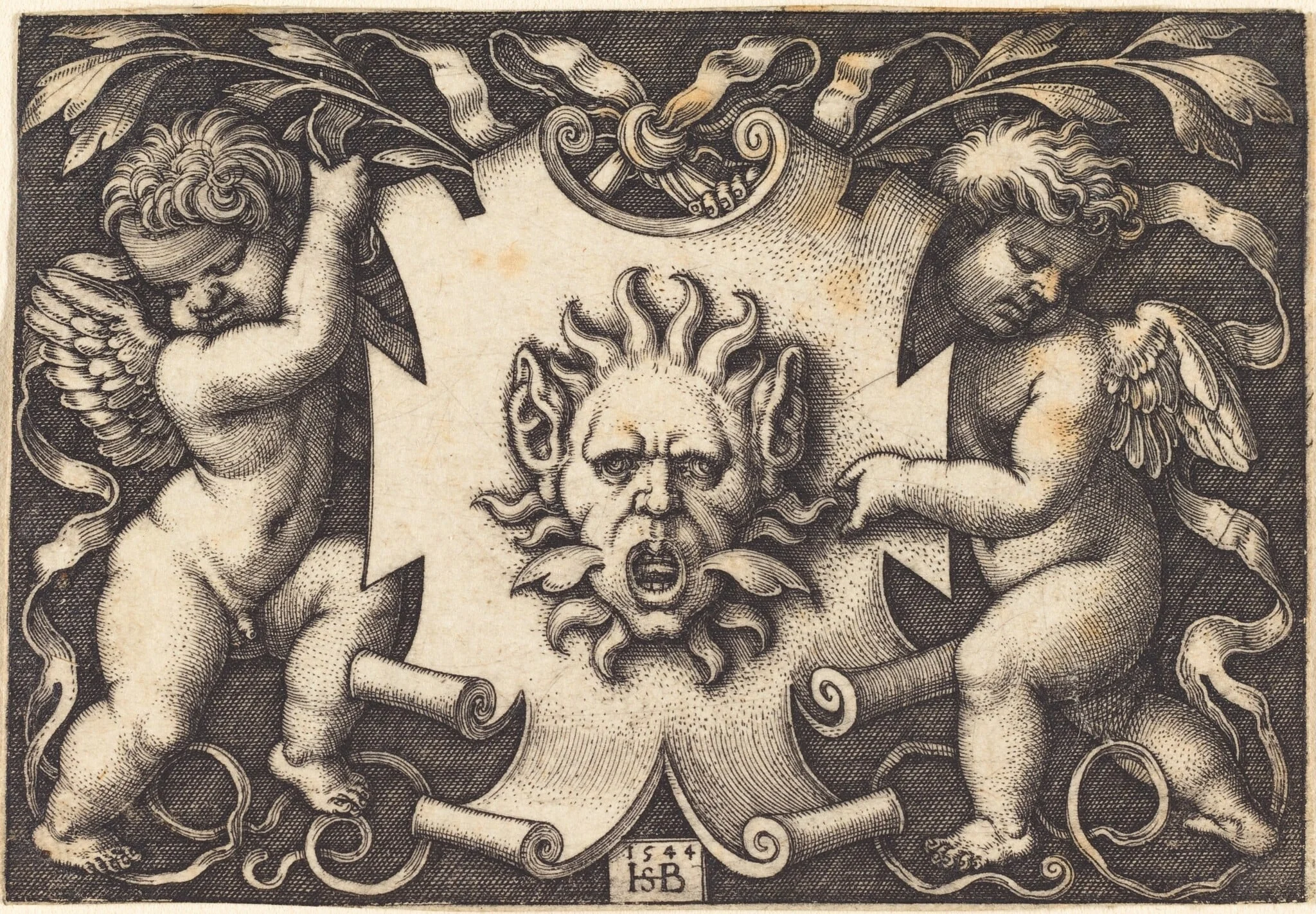Mask Held by Two Genii, detail
