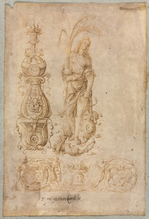 Design for a Candelabrum, Allegorical Figure of Abundance, Ornamental Relief Design, detail