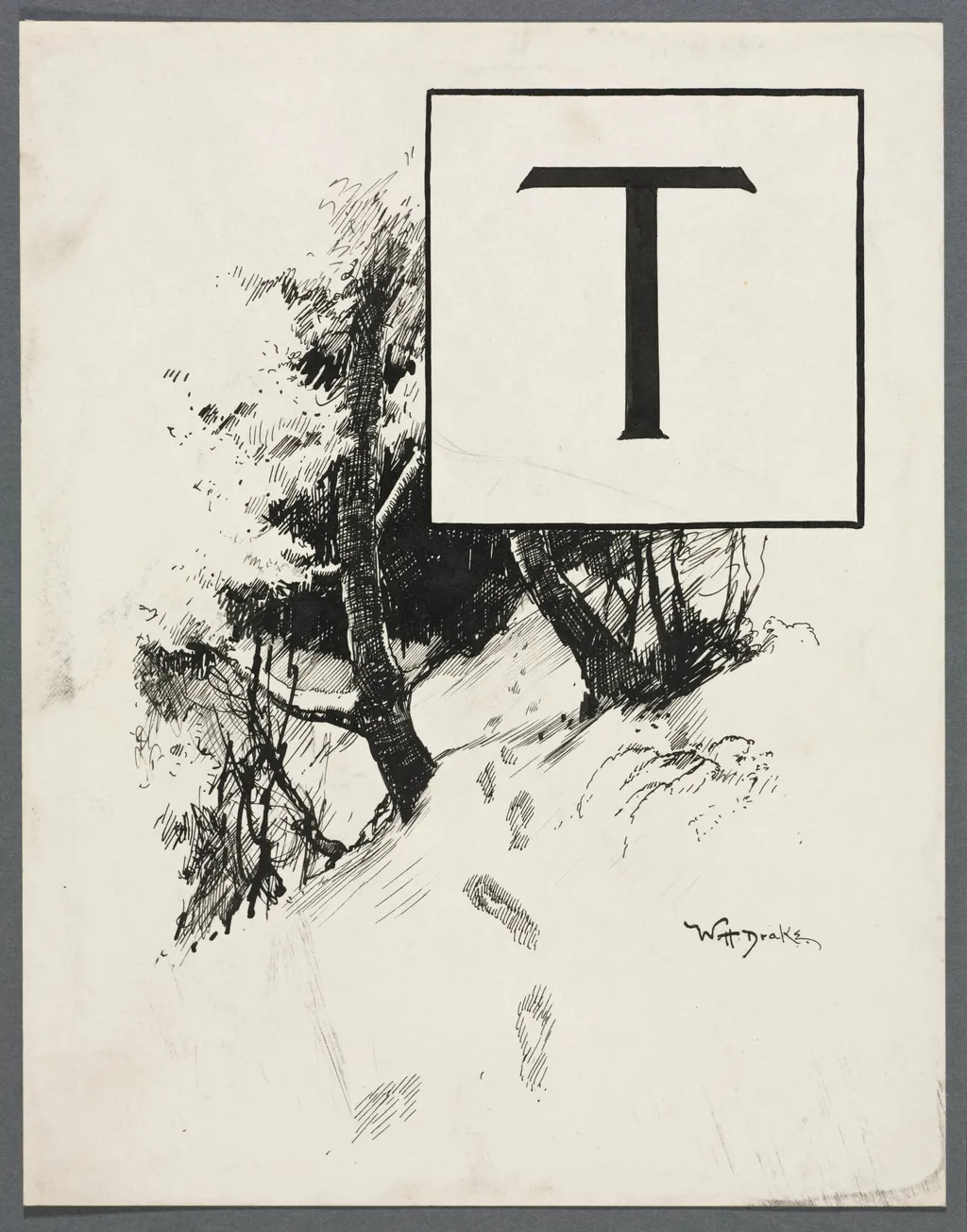 Inital T for Chapter XLIV from "Lorna Doone", by William Henry Drake, 1889