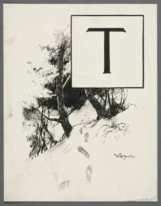 Inital T for Chapter XLIV from "Lorna Doone", by William Henry Drake, 1889