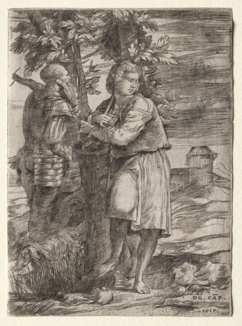Shepherd and Old Warrior, by Domenico Campagnola, 1517