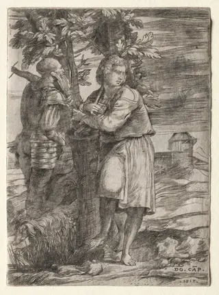 Shepherd and Old Warrior, by Domenico Campagnola, 1517