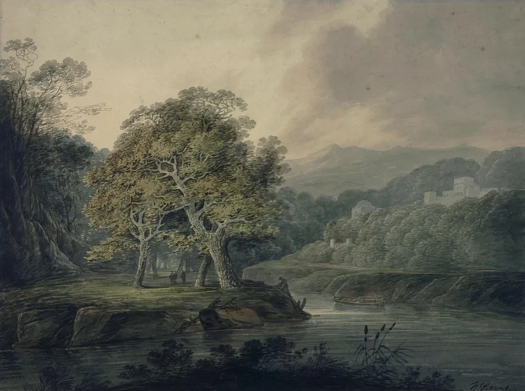 Landscape with river and mountains, by William Payne, watercolor, 1776