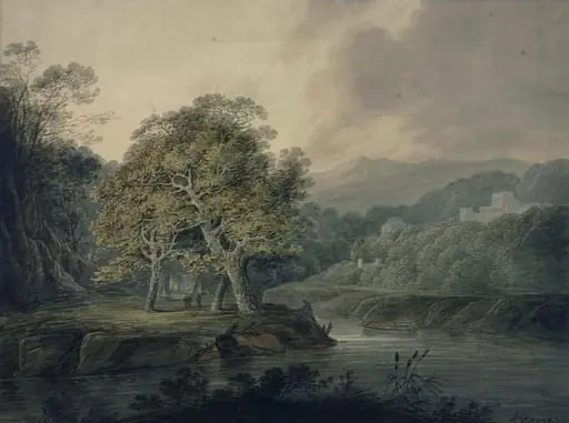 Landscape with river and mountains, by William Payne, watercolor, 1776