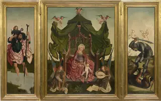 Triptych of the Virgin Enthroned with Saints Christopher and George, by Master of the Antwerp Triptych of the Virgin, oil, 1494