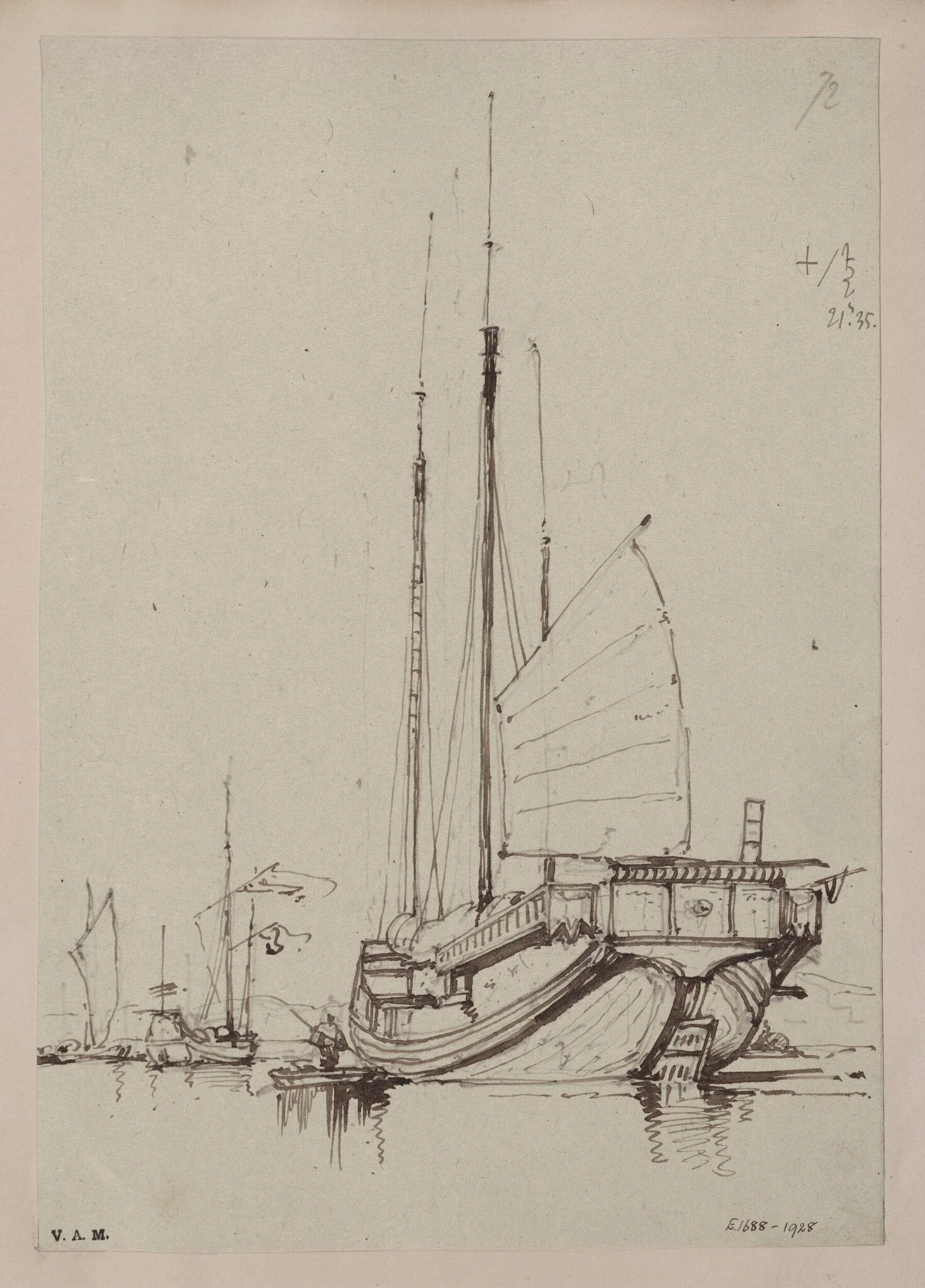 A Chinese junk with a sail partially raised, detail