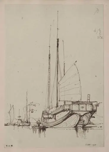 A Chinese junk with a sail partially raised, by George Chinnery, 15